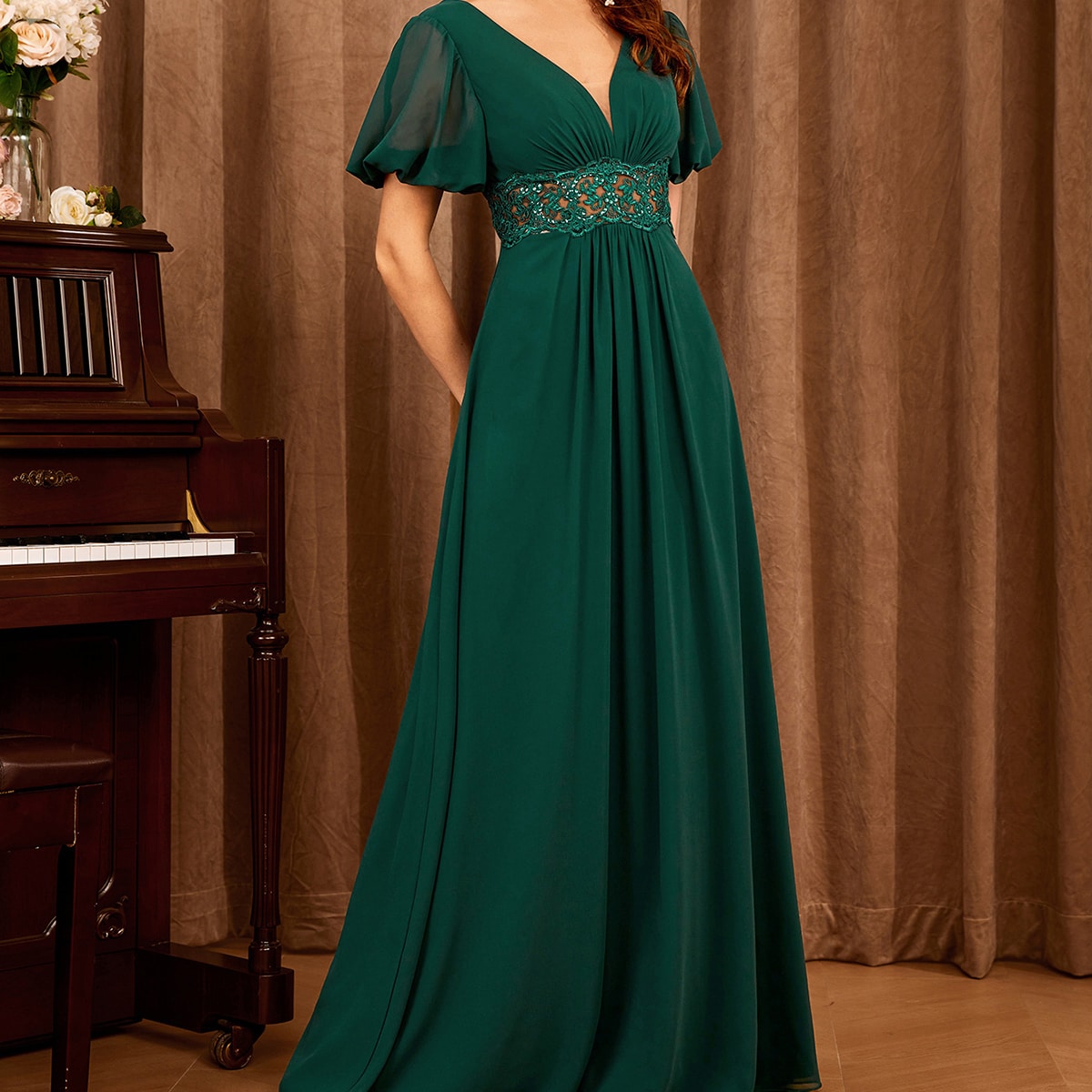 Contrast Lace Bishop Sleeve Bridesmaid Dress