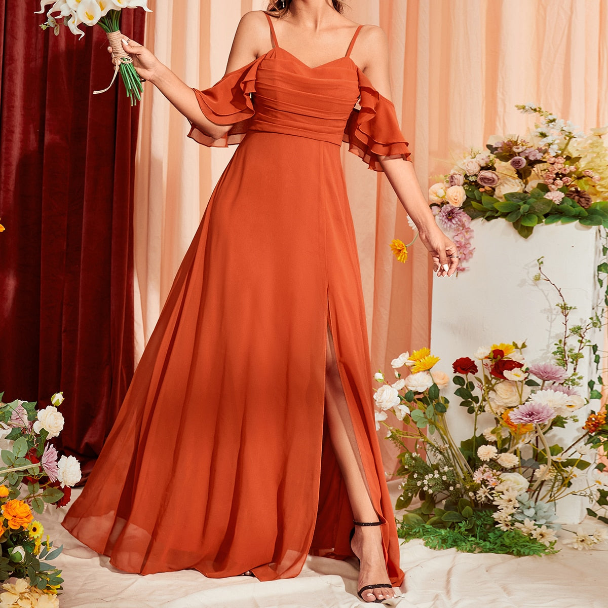 Cold Shoulder Ruched Split Thigh Chiffon Bridesmaid Dress