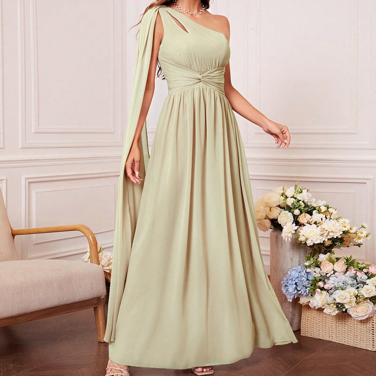 One Shoulder Cut Out Twist Front Bridesmaid Dress