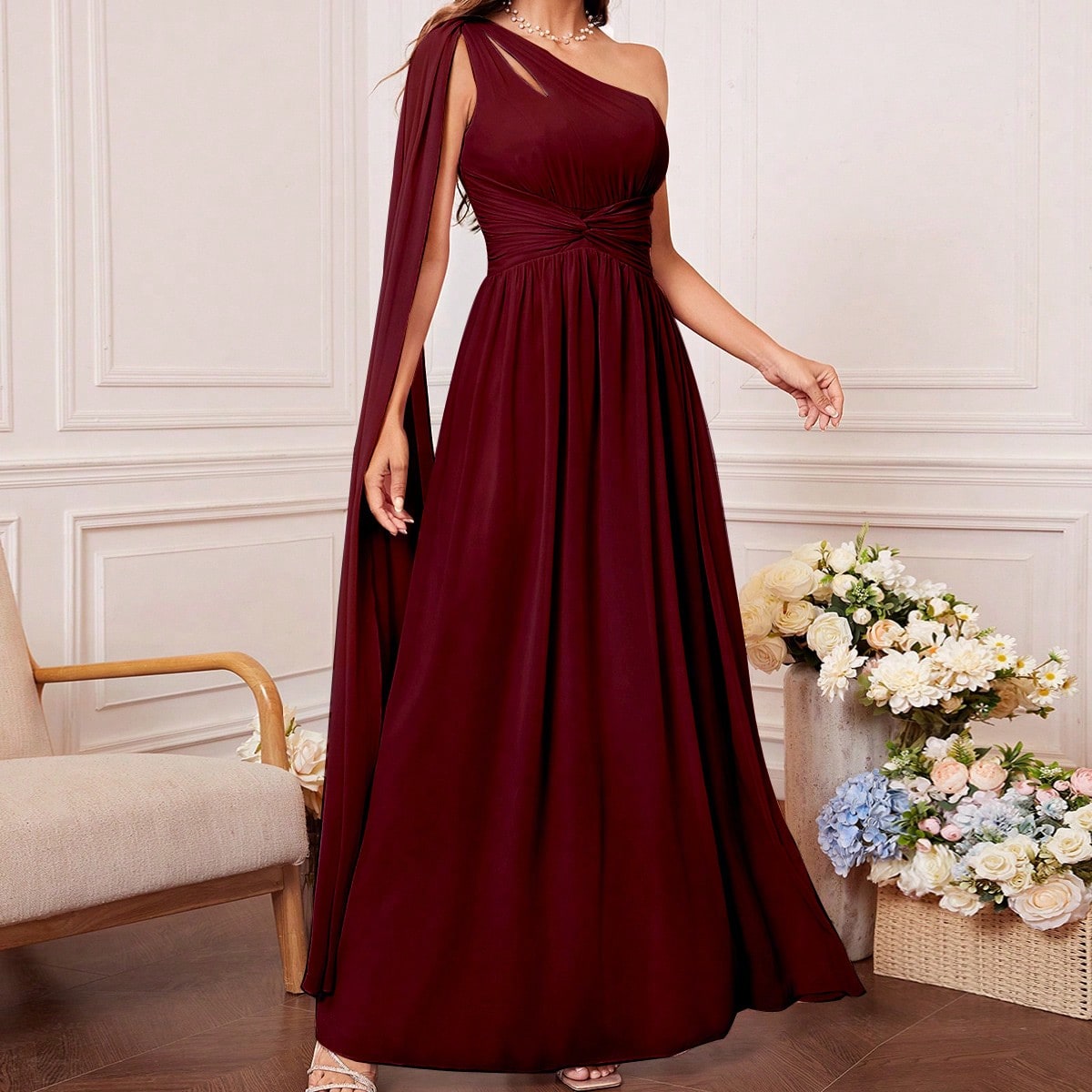 One Shoulder Cut Out Twist Front Bridesmaid Dress