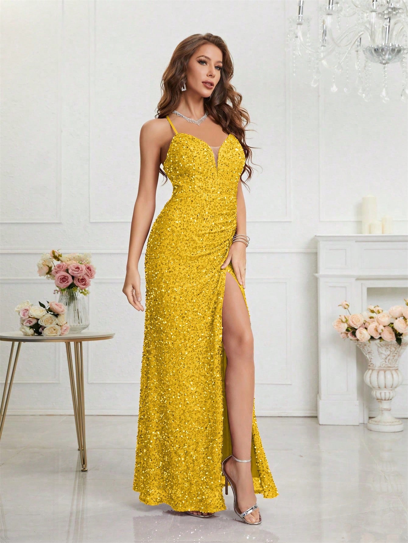 LUNE Split Thigh Sequin Formal Dress