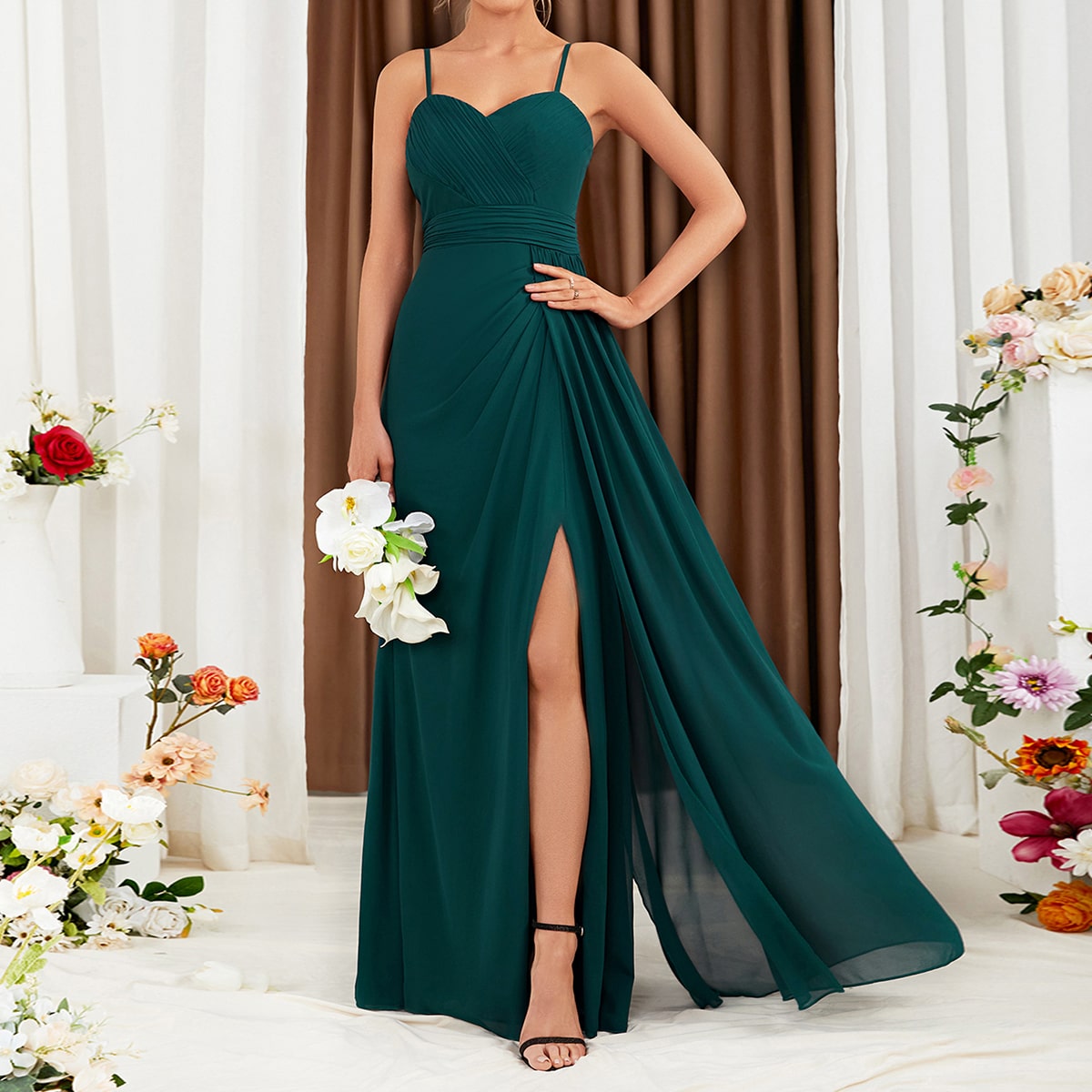 Ruched Split Thigh Chiffon Bridesmaid Dress