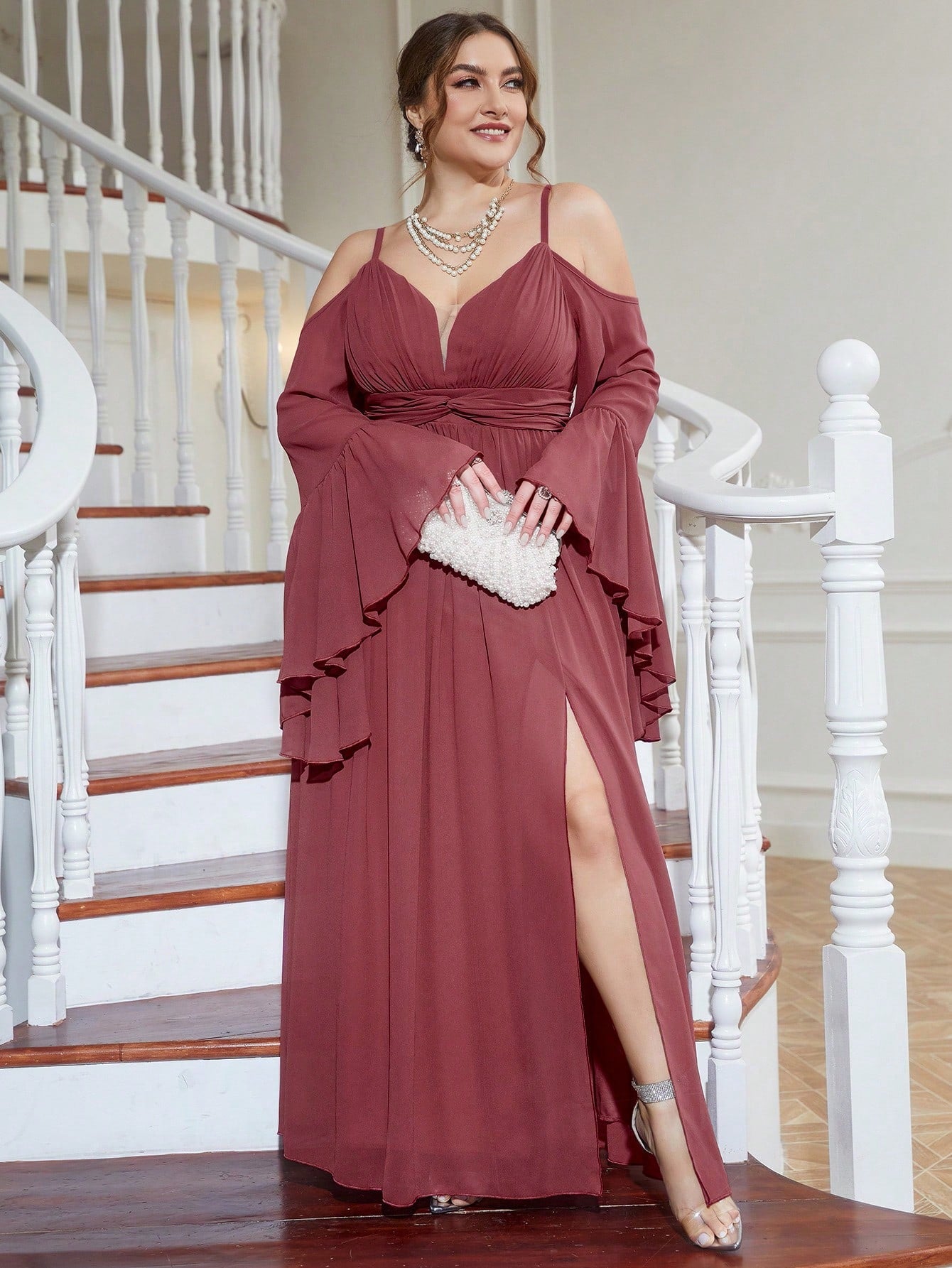 Plus Cold Shoulder Split Thigh Chiffon Dress