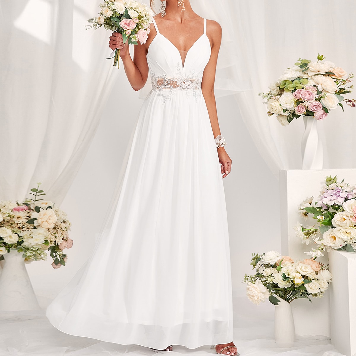 Contrast Lace Zipper Back Cami Wedding Dress