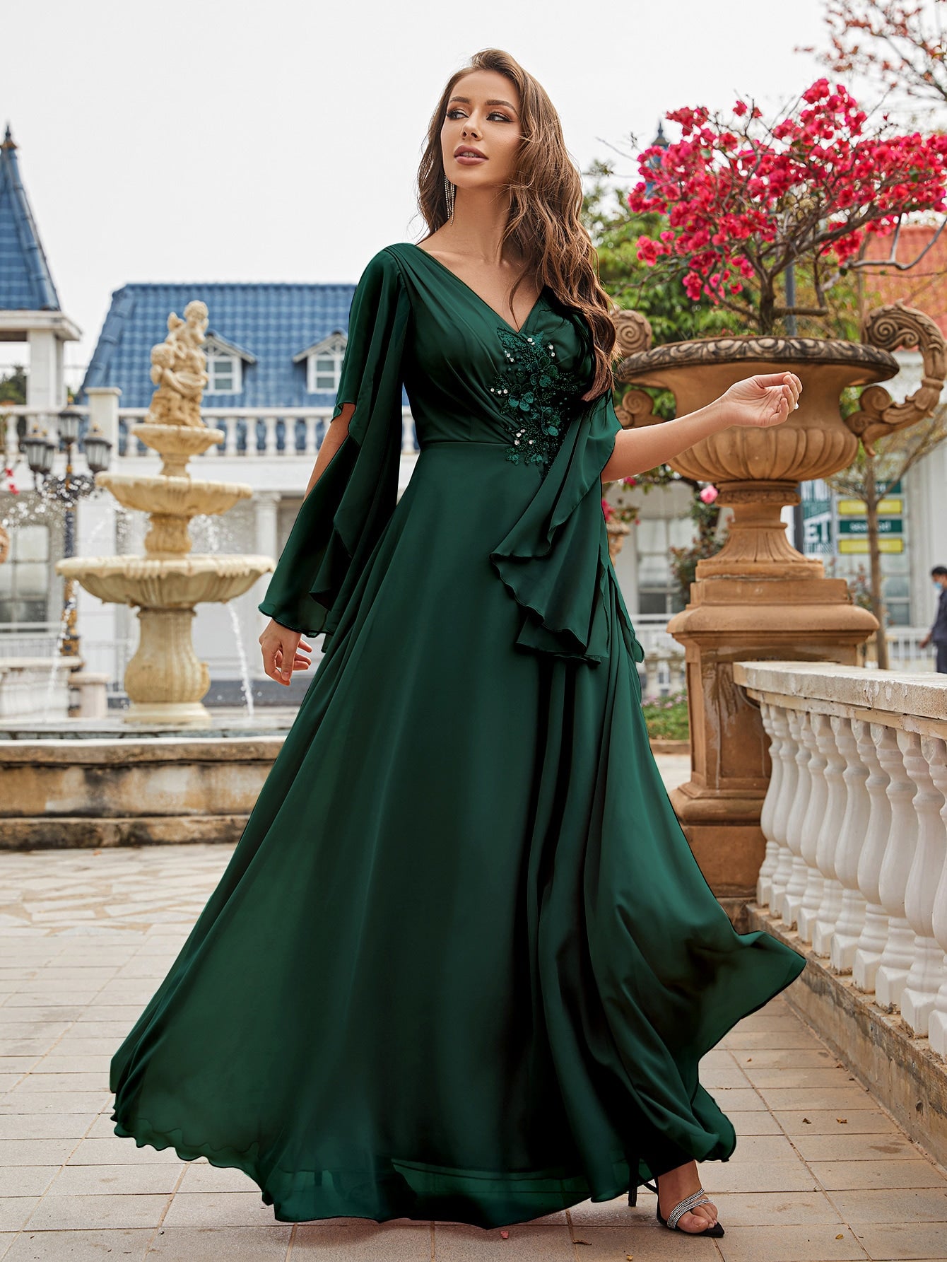 Pearls Detail Butterfly Sleeve Chiffon Bridesmaid Dress