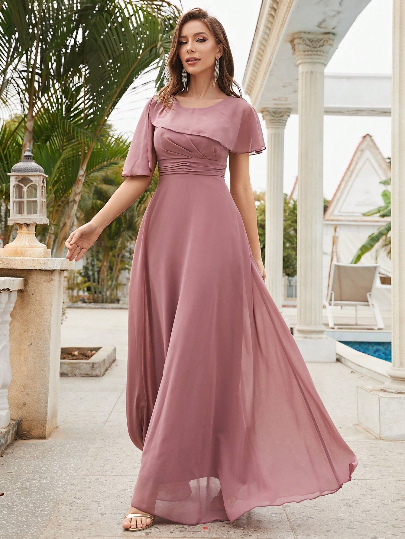 Ruched Ruffle Trim Chiffon Bridesmaid Dress