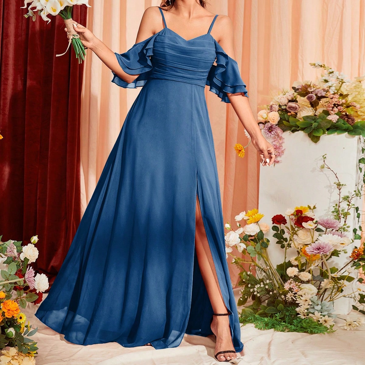 Cold Shoulder Ruched Split Thigh Chiffon Bridesmaid Dress