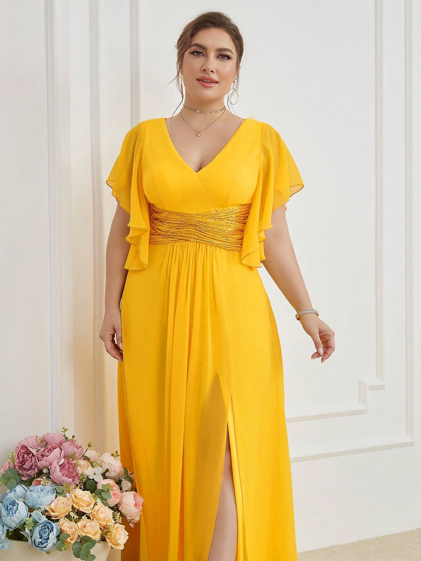 LUNE Plus Contrast Sequin Butterfly Sleeve Split Thigh Chiffon Bridesmaid Dress