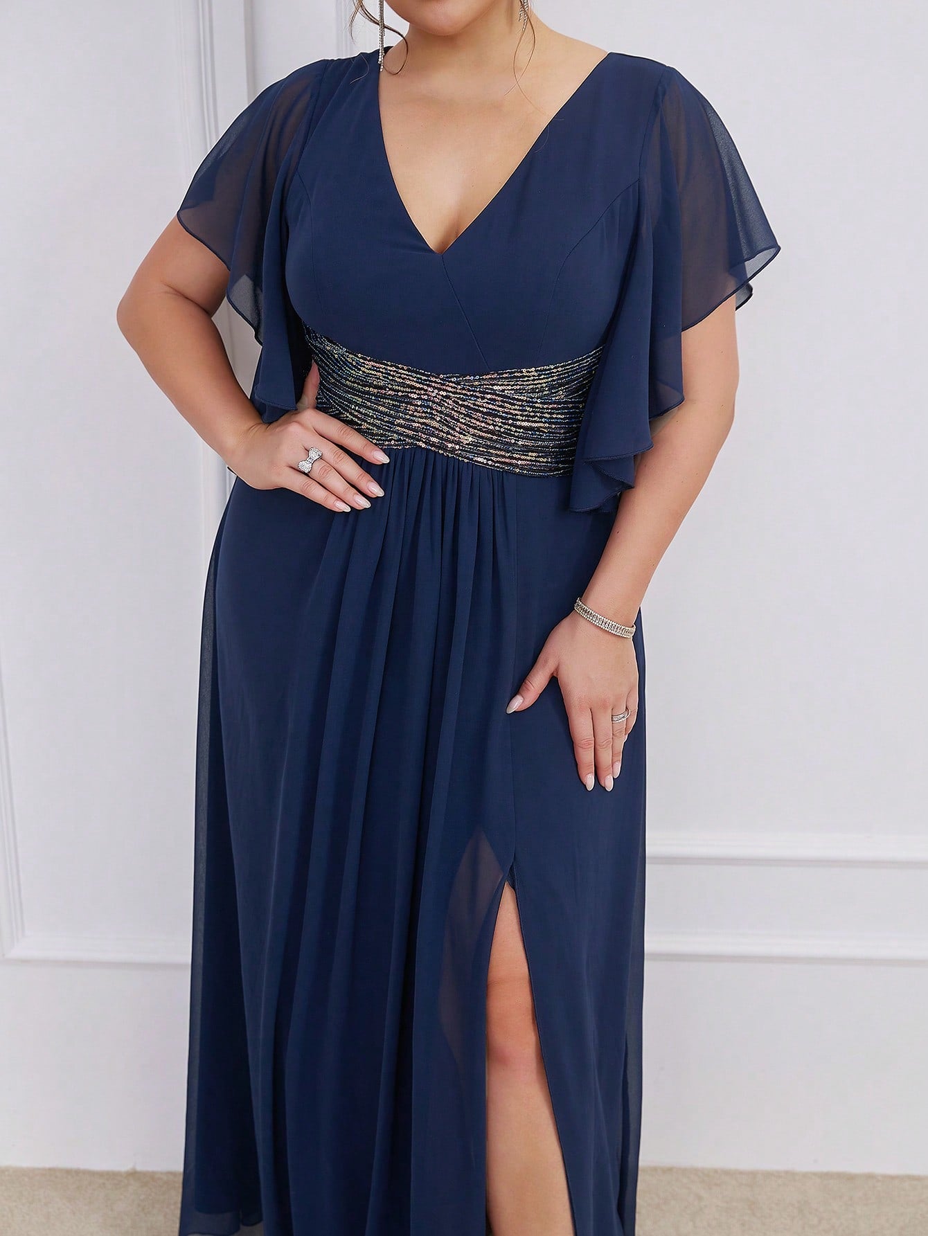 LUNE Plus Contrast Sequin Butterfly Sleeve Split Thigh Chiffon Bridesmaid Dress