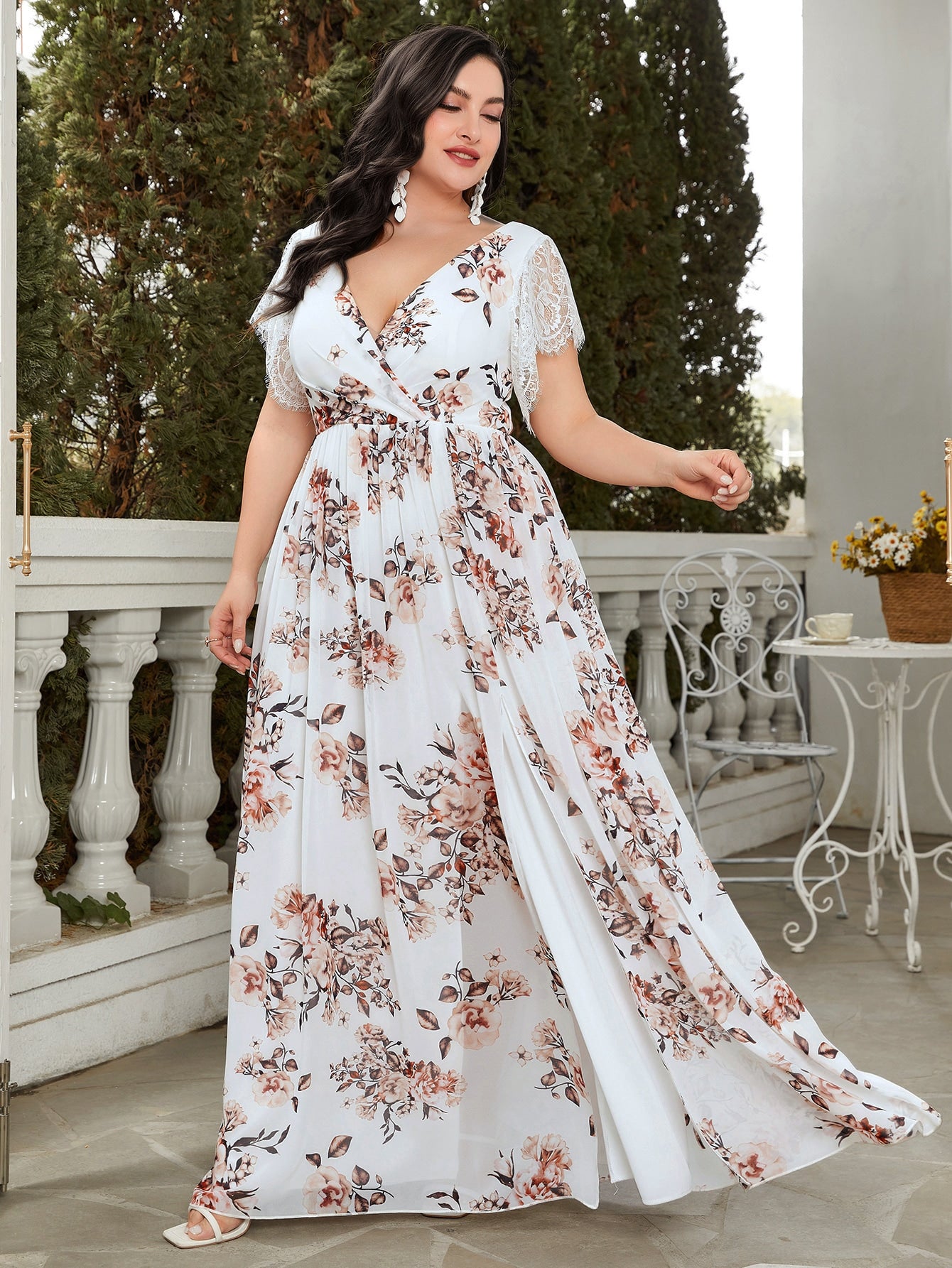 Plus Floral Print Split Thigh Chiffon Bridesmaid Dress