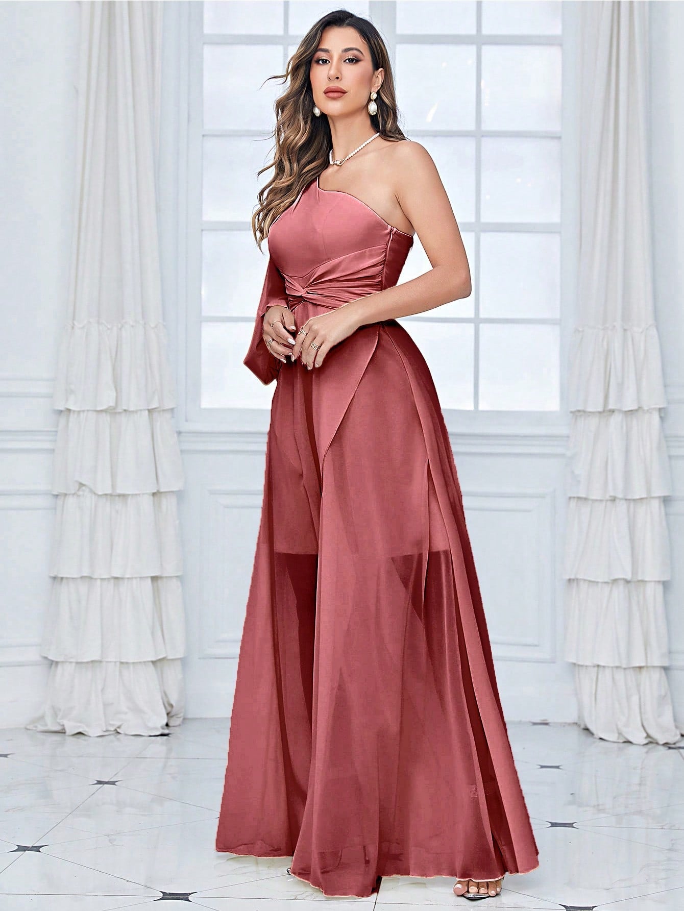 One Shoulder Lantern Sleeve Twist Front Split Thigh Chiffon Bridesmaid Dress