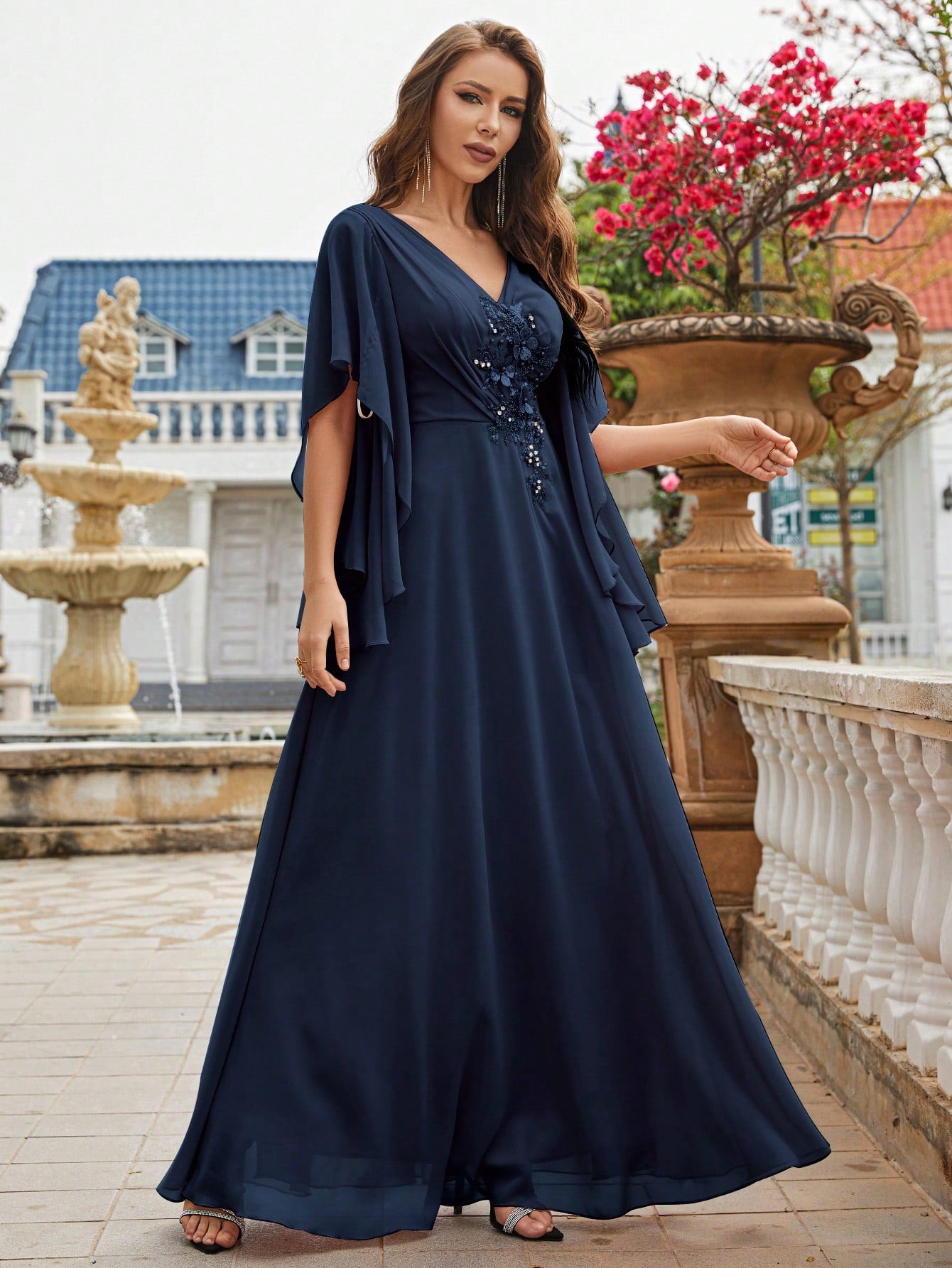 Pearls Detail Butterfly Sleeve Chiffon Bridesmaid Dress