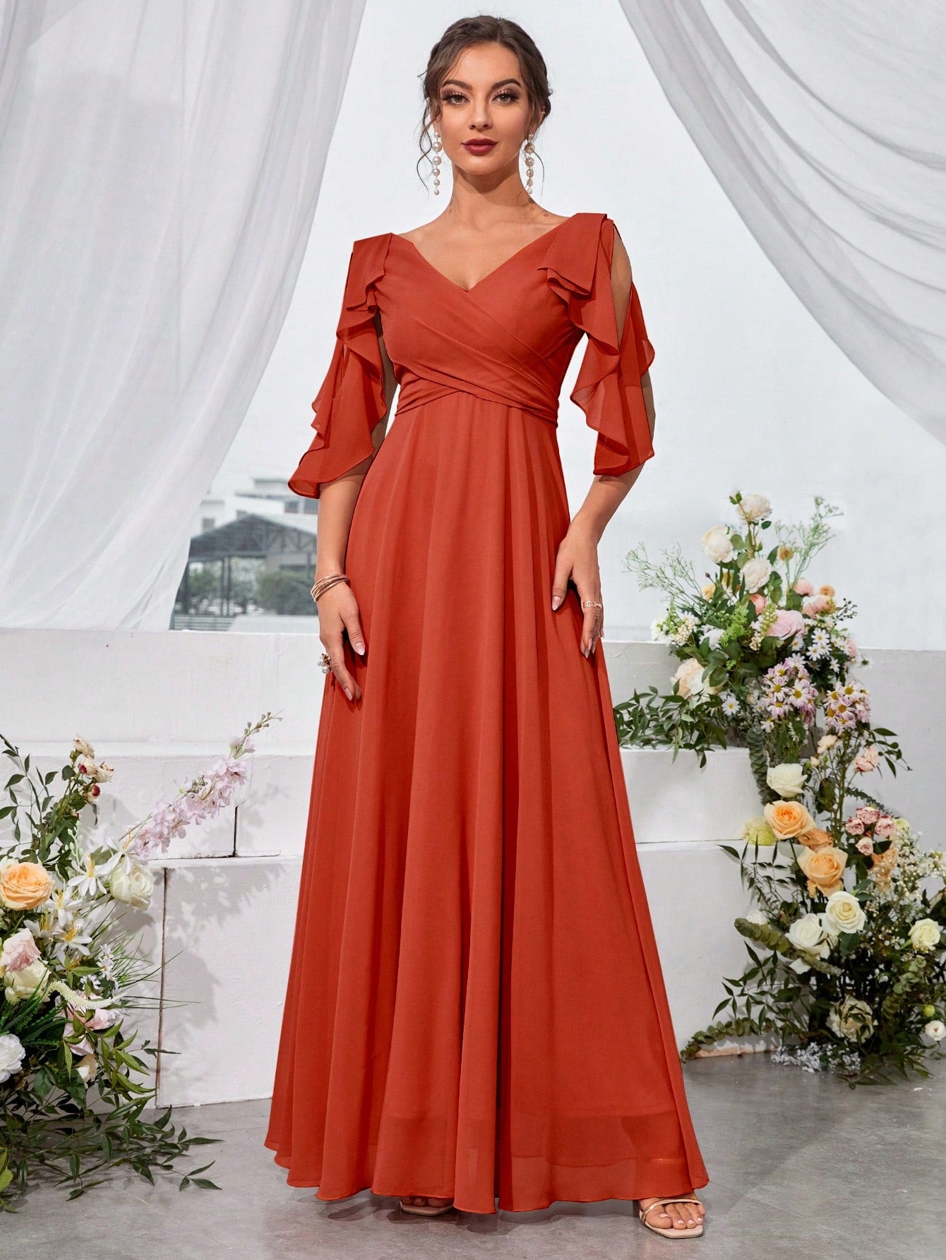 Ruffle Trim Cold Shoulder Tie Back Chiffon Maxi Bridesmaid Dress