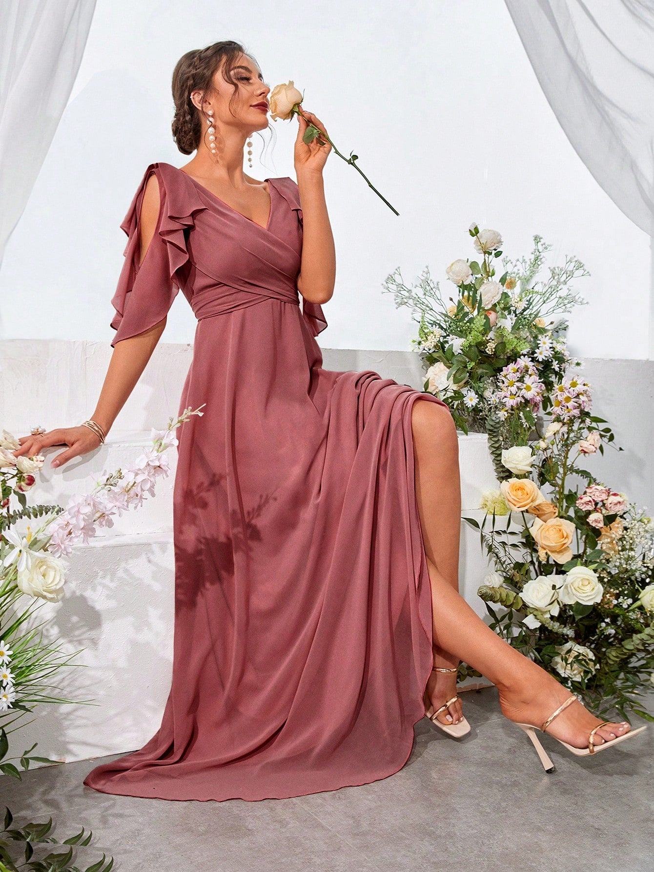 Ruffle Trim Cold Shoulder Tie Back Chiffon Maxi Bridesmaid Dress