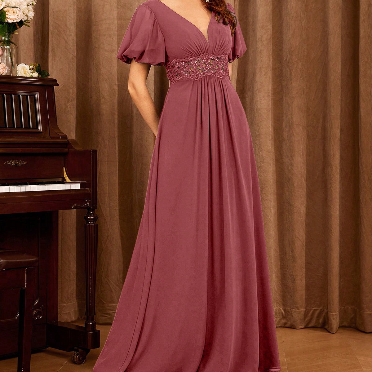 Contrast Lace Bishop Sleeve Bridesmaid Dress