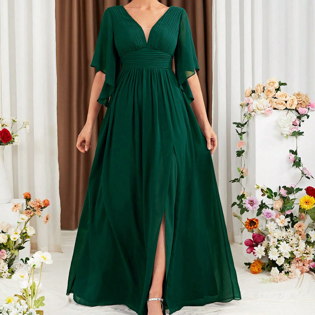 Butterfly Sleeve Popover Split Thigh Chiffon Bridesmaid Dress