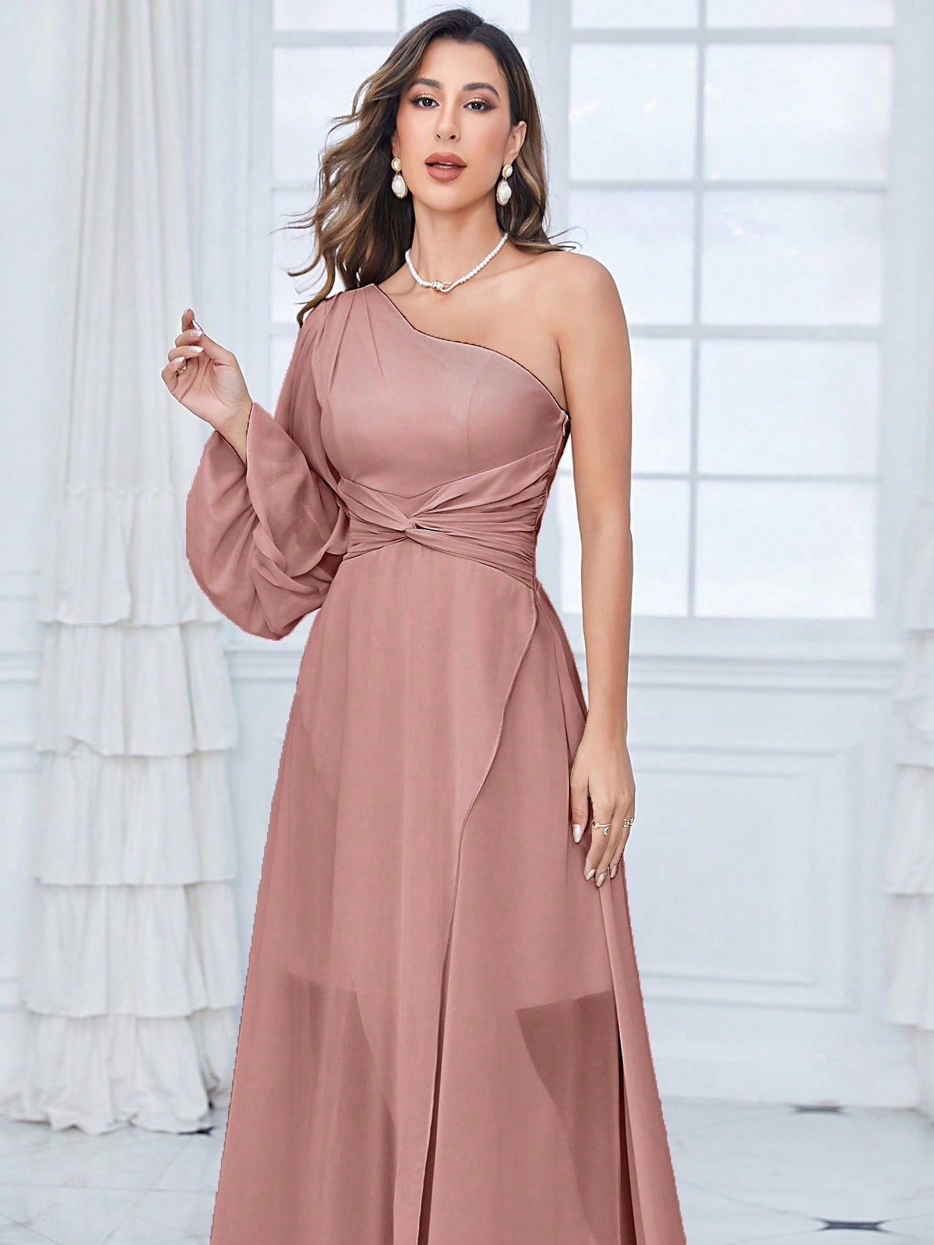 One Shoulder Lantern Sleeve Twist Front Split Thigh Chiffon Bridesmaid Dress