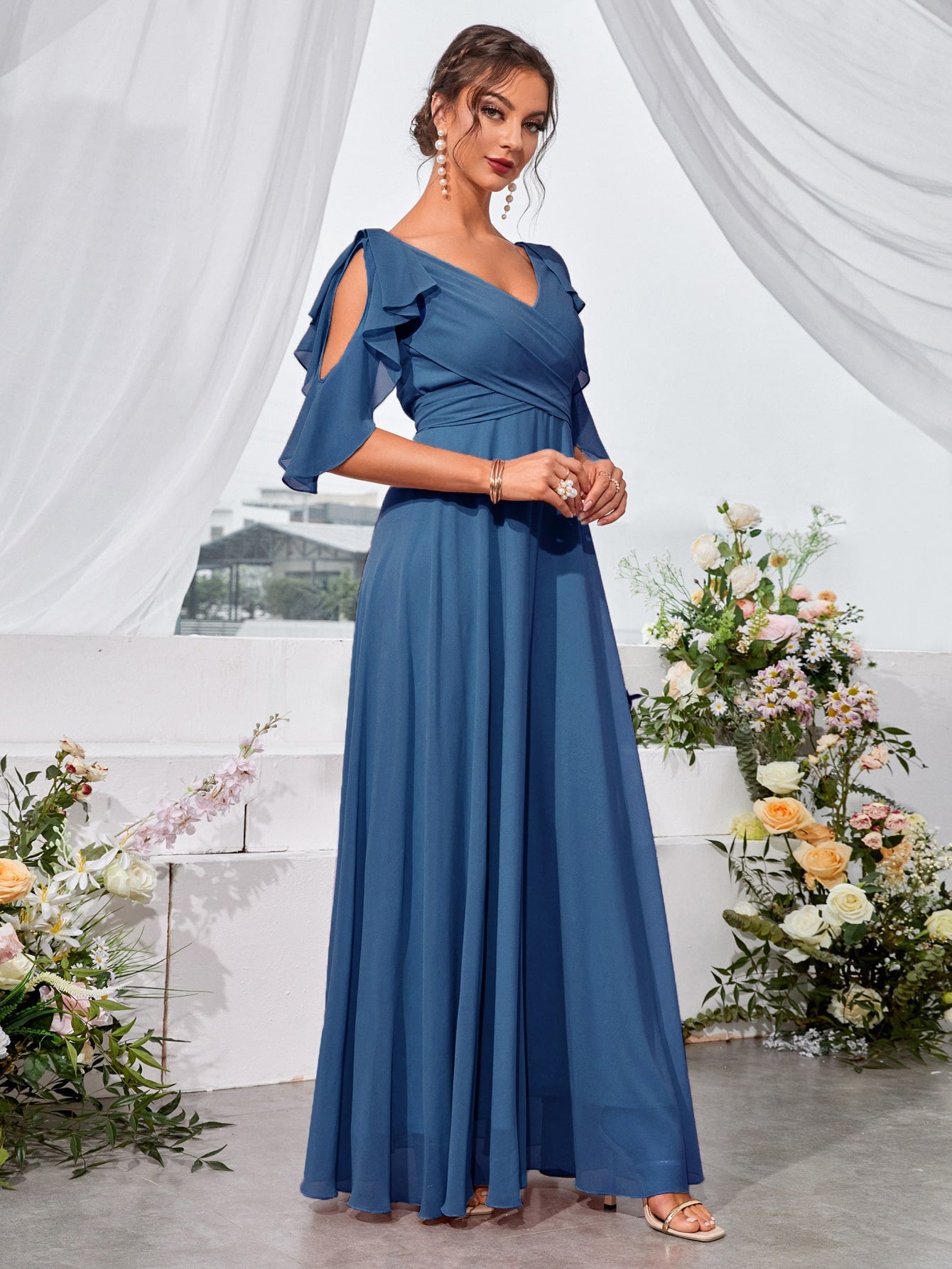 Ruffle Trim Cold Shoulder Tie Back Chiffon Maxi Bridesmaid Dress