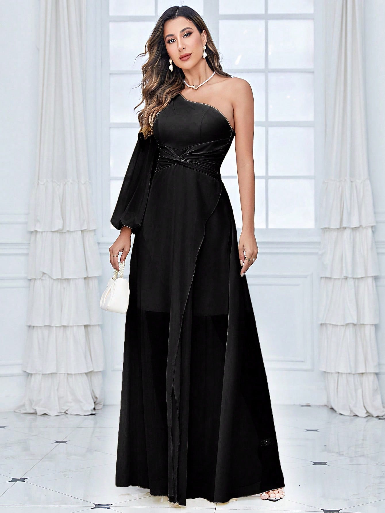 One Shoulder Lantern Sleeve Twist Front Split Thigh Chiffon Bridesmaid Dress