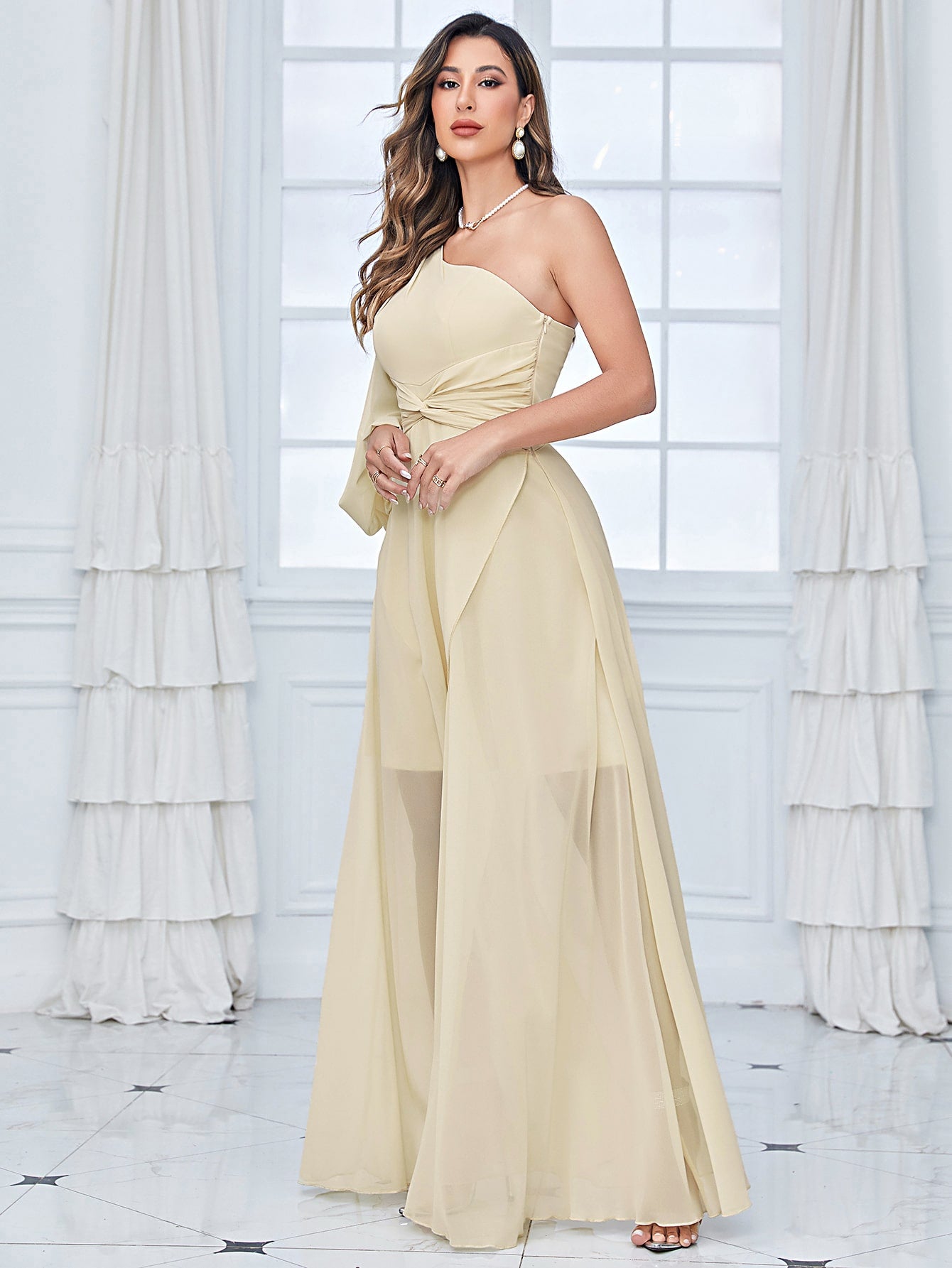 One Shoulder Lantern Sleeve Twist Front Split Thigh Chiffon Bridesmaid Dress