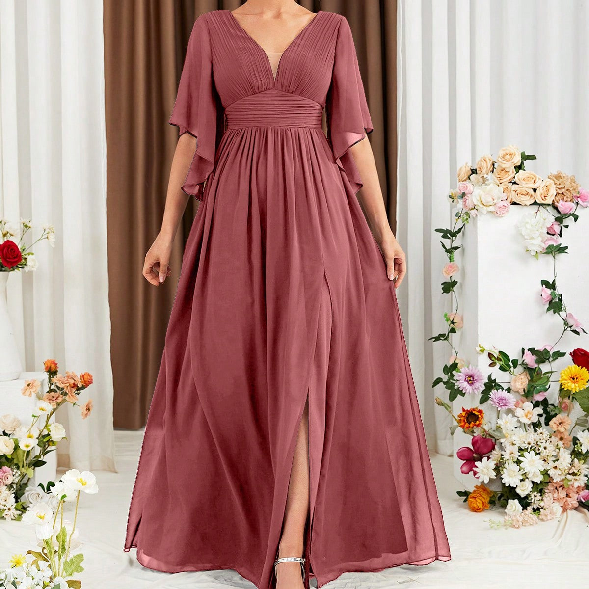 Butterfly Sleeve Popover Split Thigh Chiffon Bridesmaid Dress