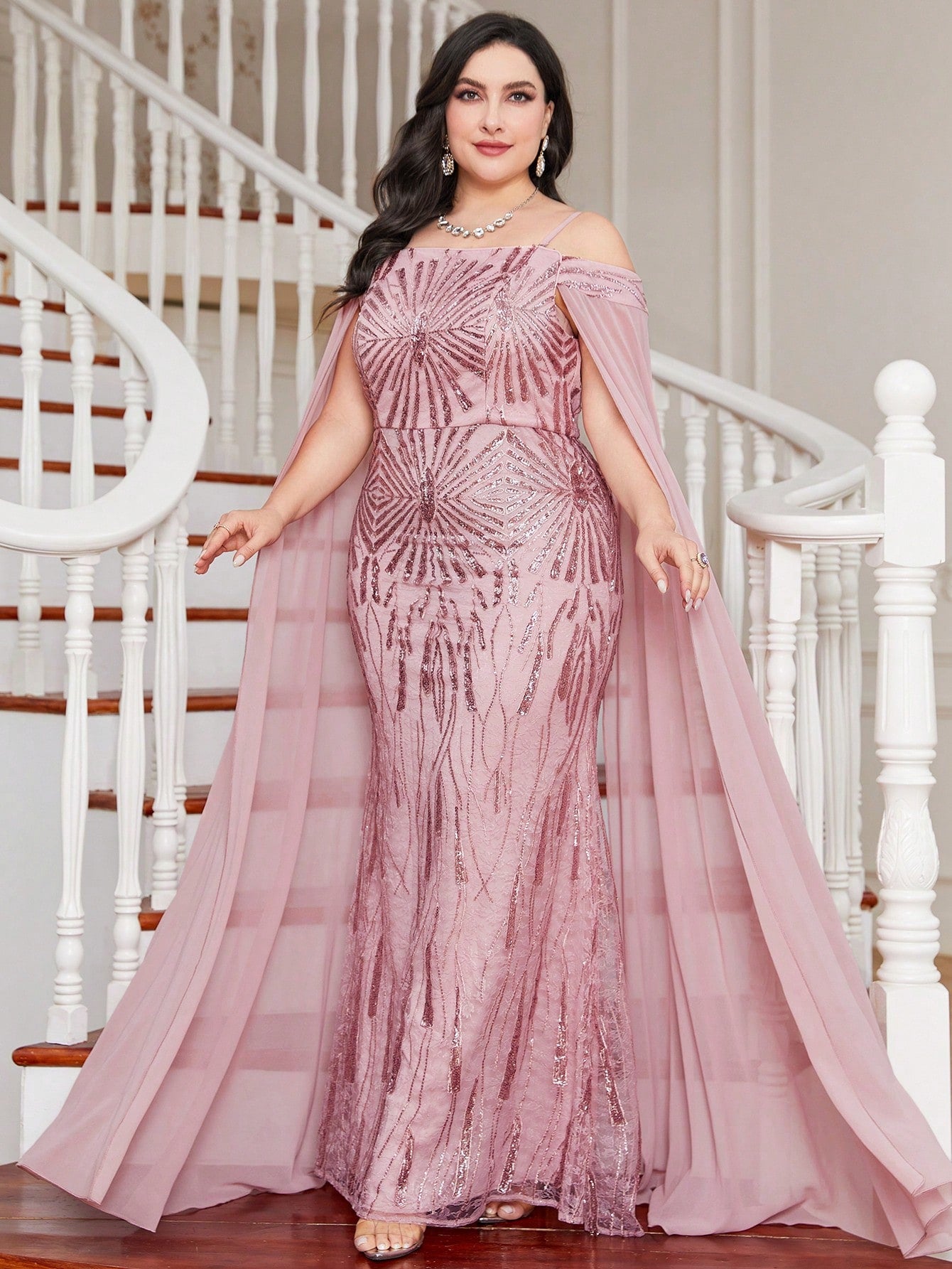 Plus Contrast Mesh Sequin Formal Dress