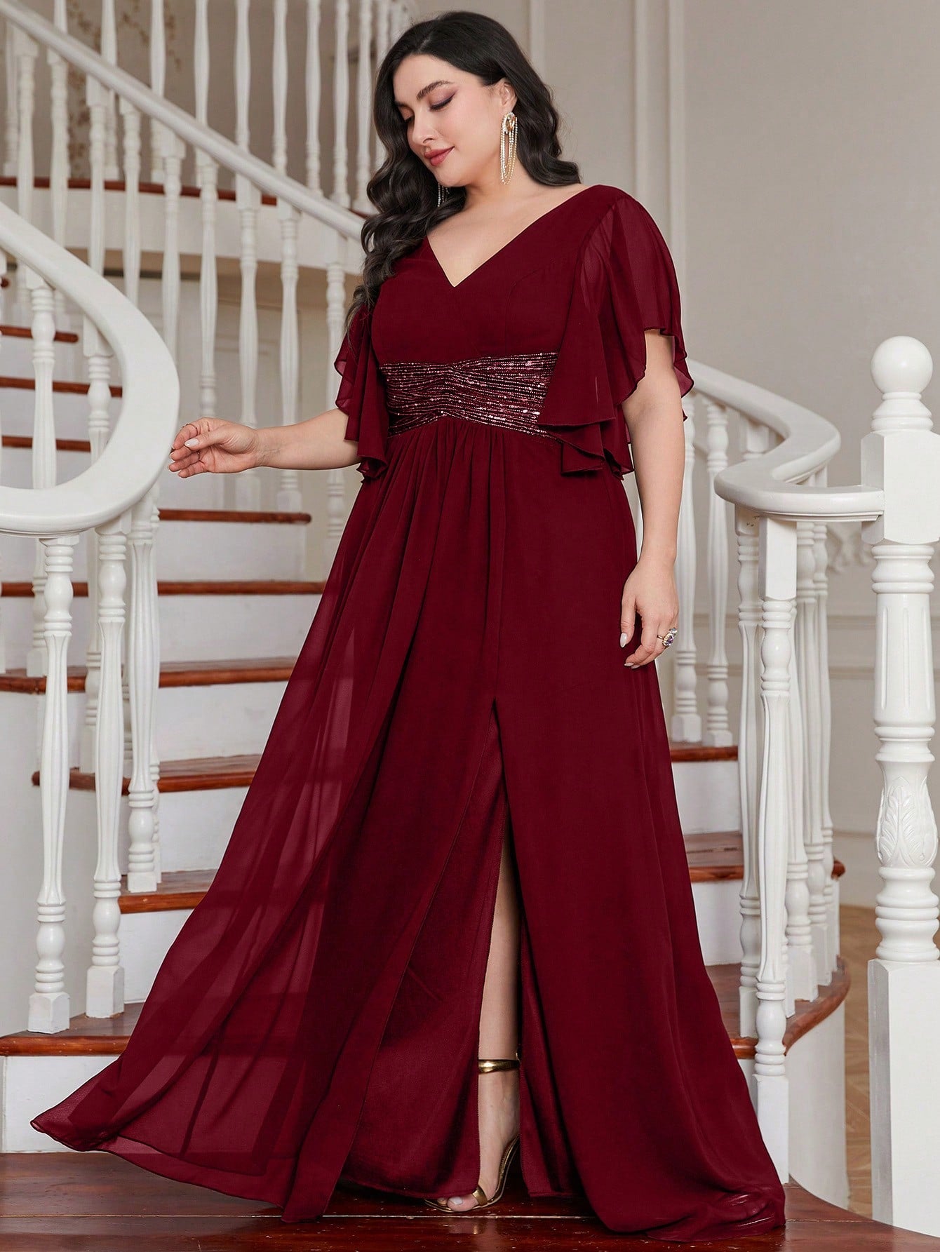 LUNE Plus Contrast Sequin Butterfly Sleeve Split Thigh Chiffon Bridesmaid Dress