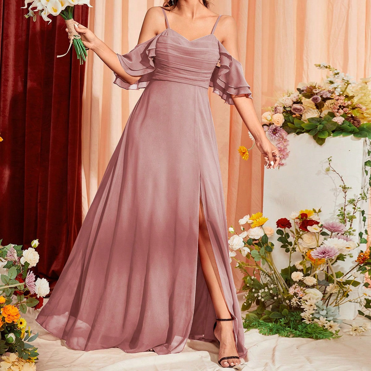 Cold Shoulder Ruched Split Thigh Chiffon Bridesmaid Dress