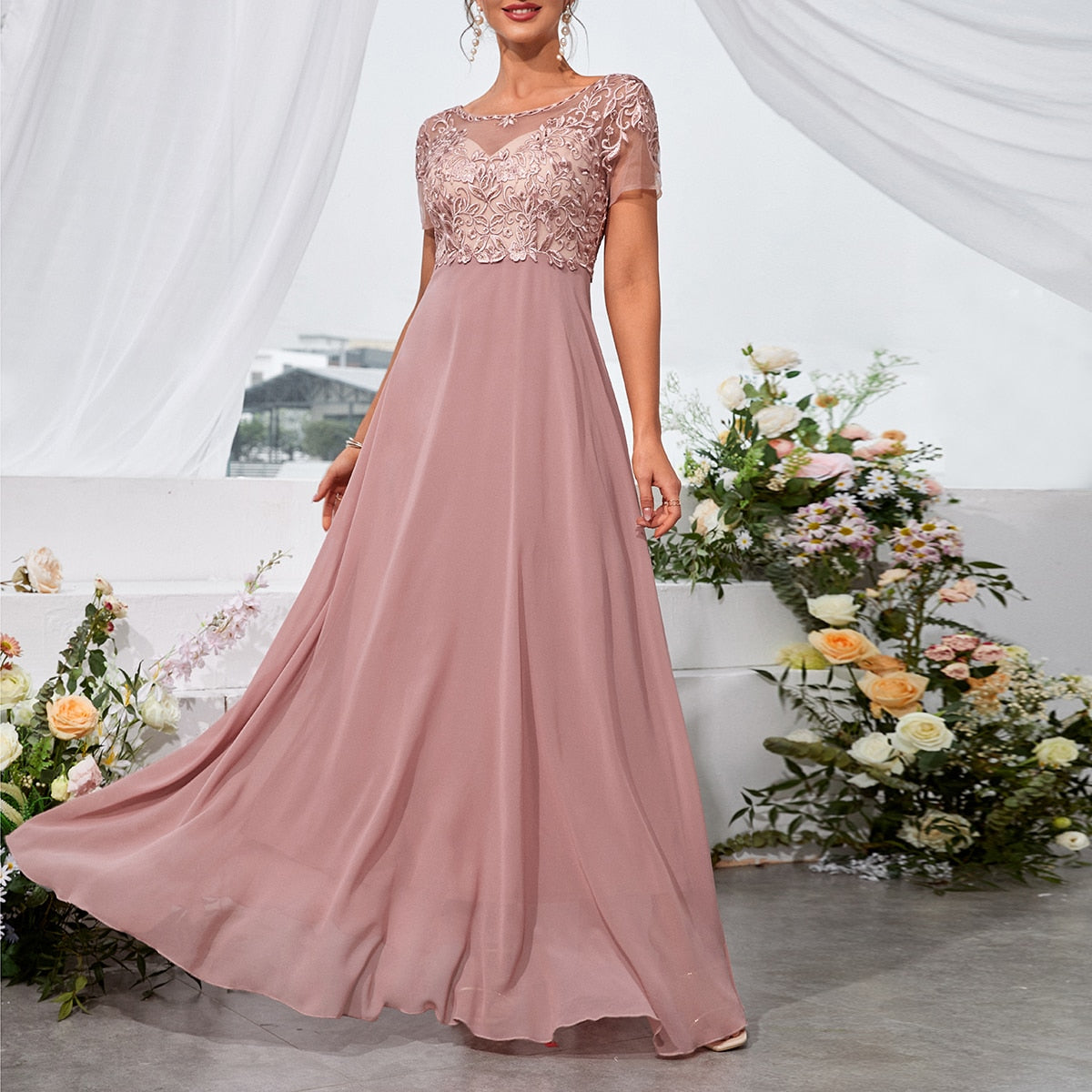Floral Embroidery Chiffon Bridesmaid Dress