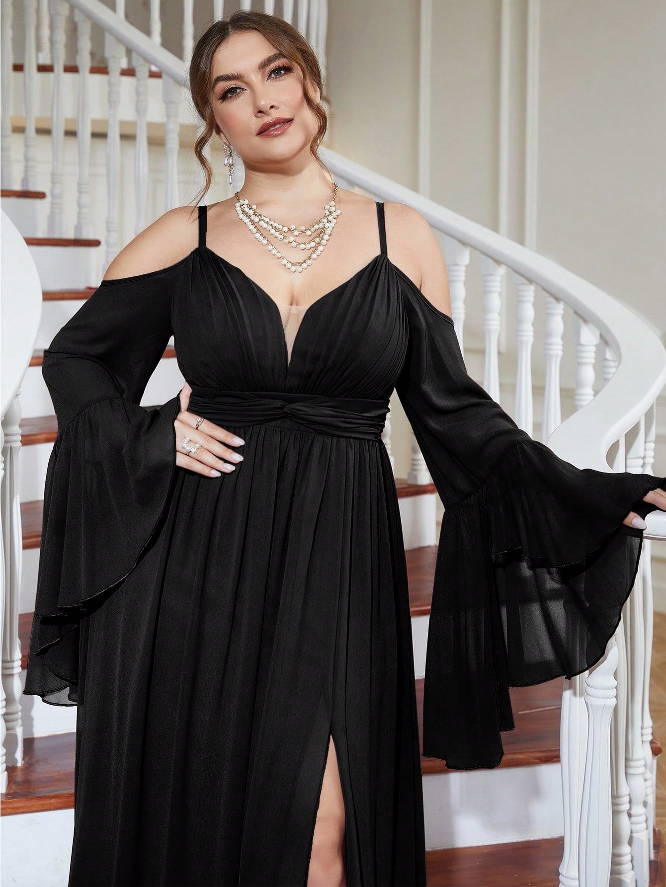 Plus Cold Shoulder Split Thigh Chiffon Dress