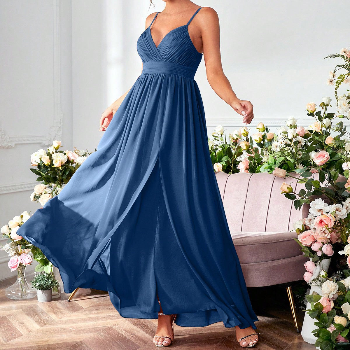 Ruched Split Thigh Chiffon Bridesmaid Dress