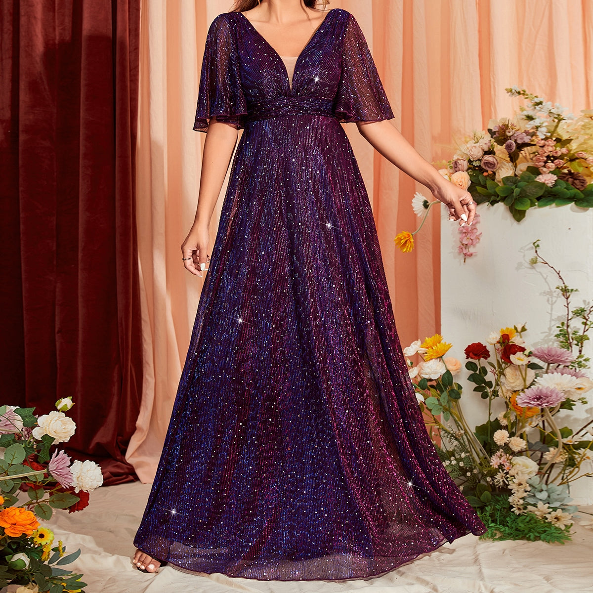 Butterfly Sleeve Glitter Maxi Bridesmaid Dress