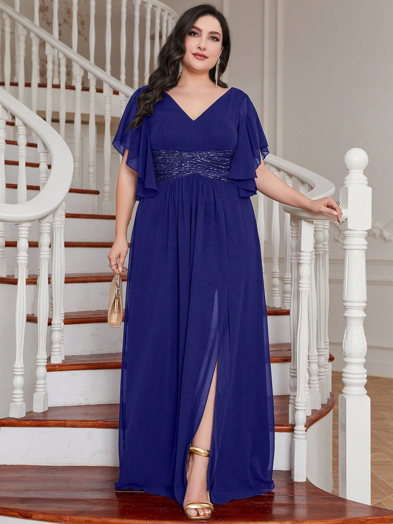 LUNE Plus Contrast Sequin Butterfly Sleeve Split Thigh Chiffon Bridesmaid Dress