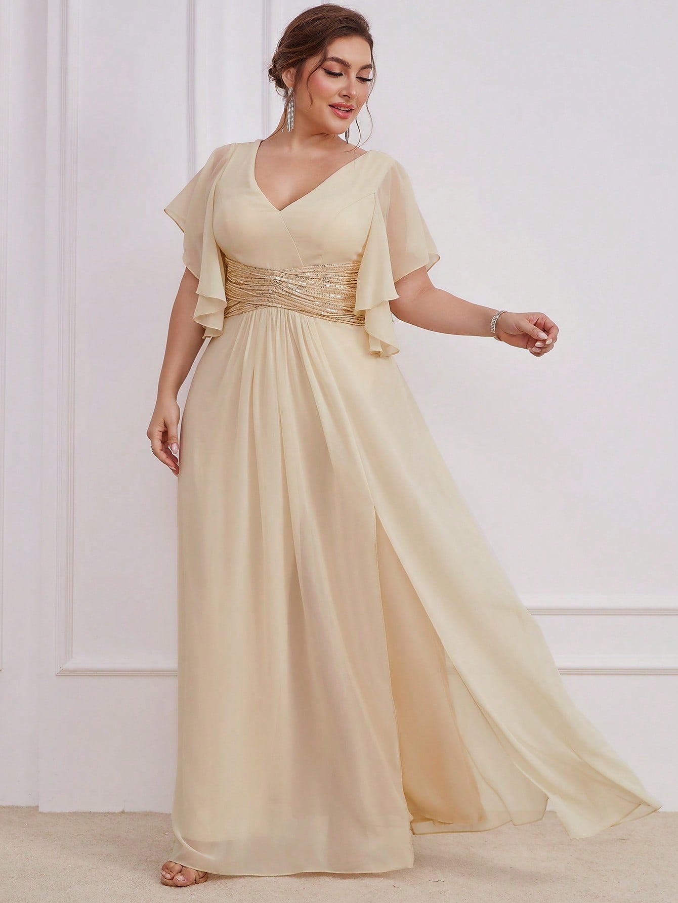LUNE Plus Contrast Sequin Butterfly Sleeve Split Thigh Chiffon Bridesmaid Dress