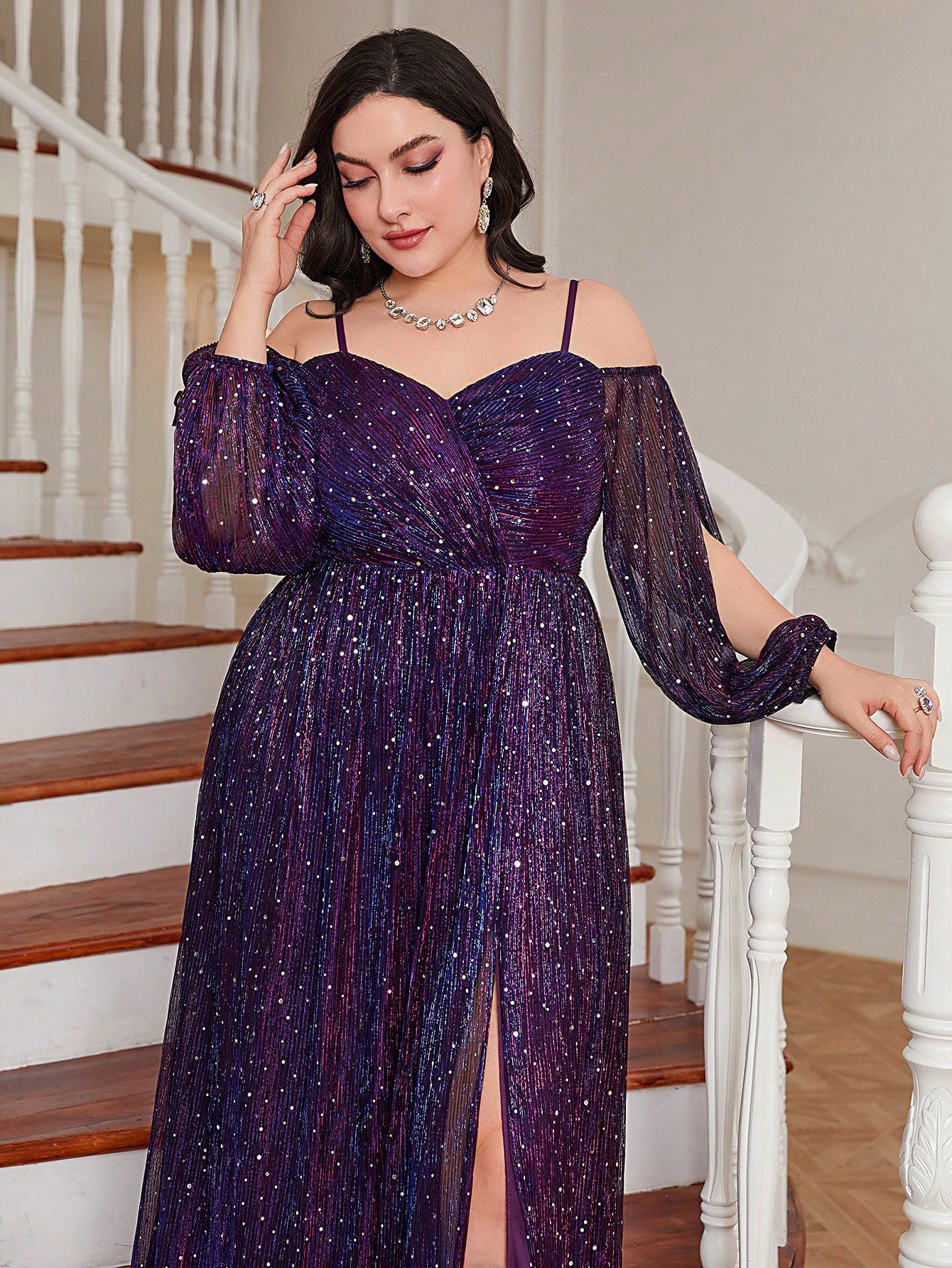 Plus Cold Shoulder Lantern Sleeve Glitter Dress