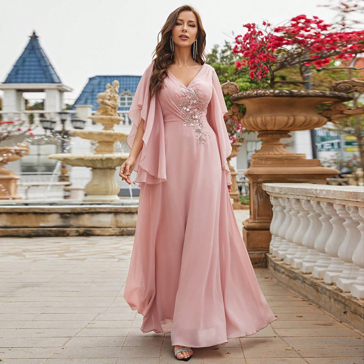 Pearls Detail Butterfly Sleeve Chiffon Bridesmaid Dress