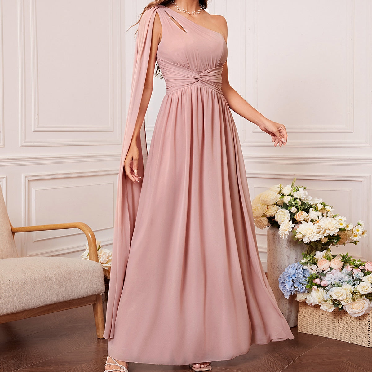 One Shoulder Cut Out Twist Front Bridesmaid Dress