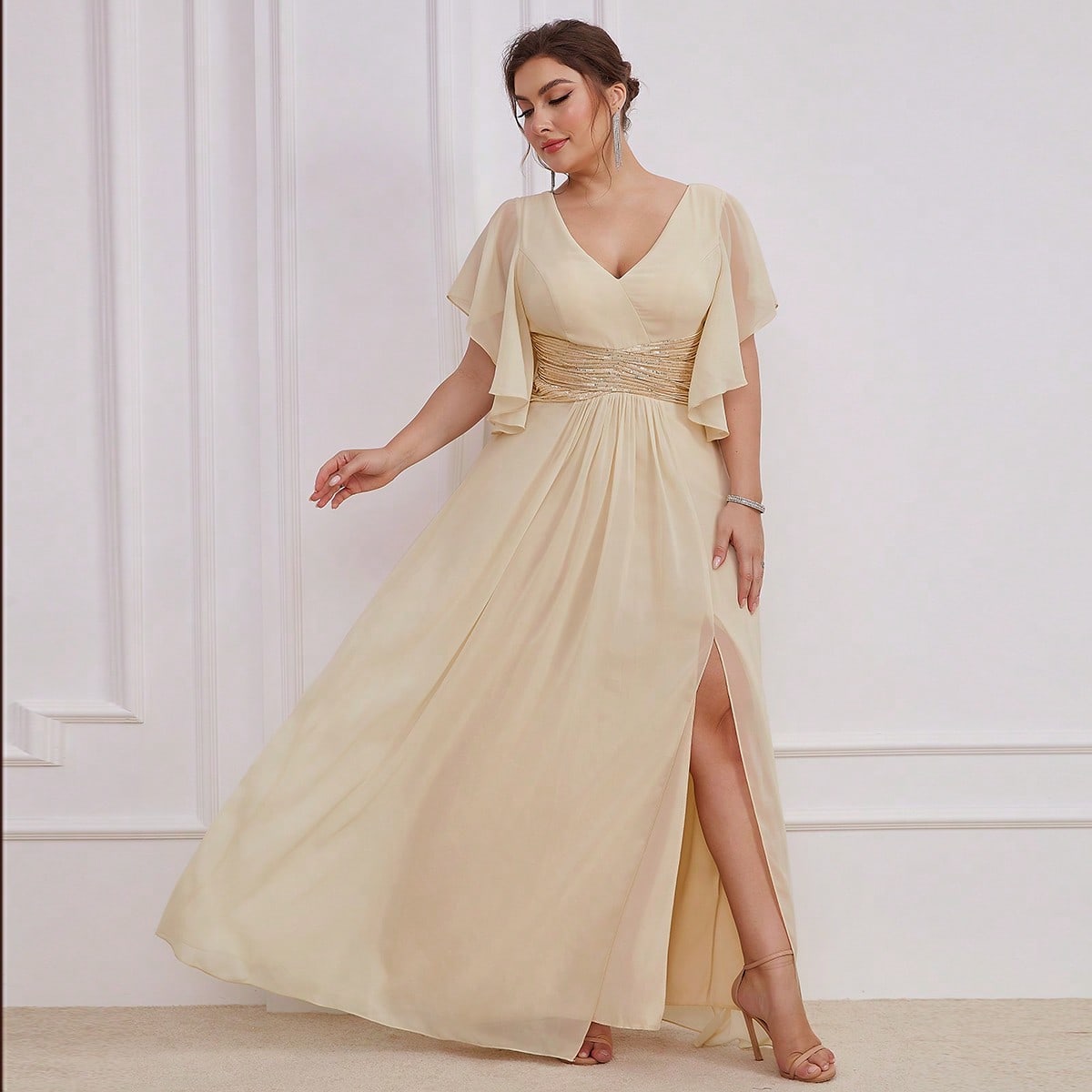 LUNE Plus Contrast Sequin Butterfly Sleeve Split Thigh Chiffon Bridesmaid Dress