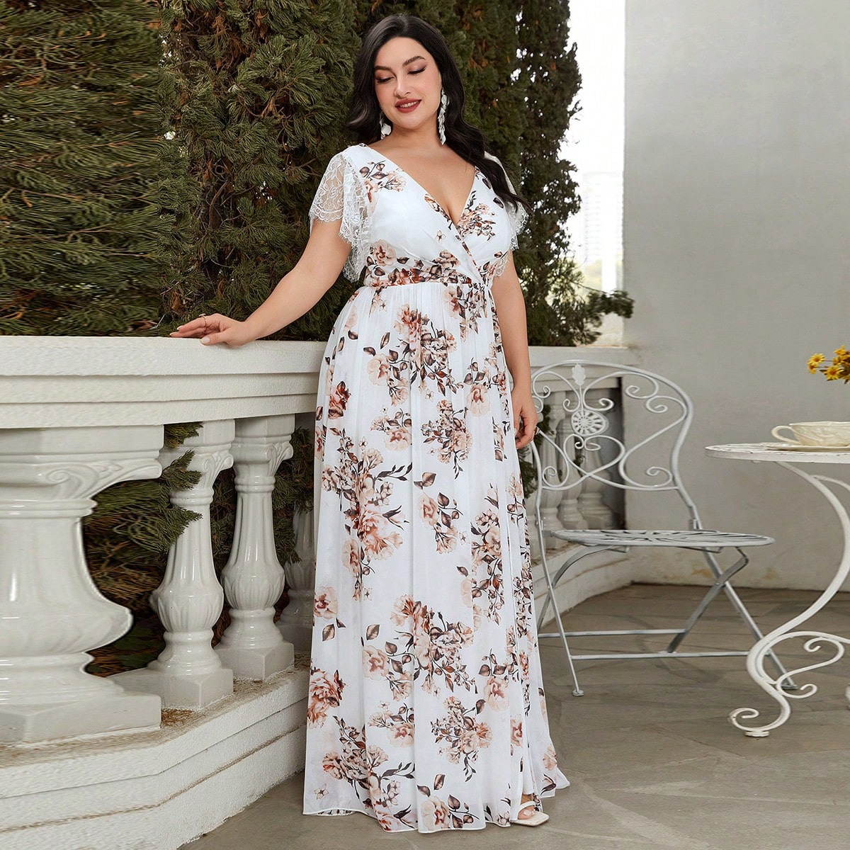 Plus Floral Print Split Thigh Chiffon Bridesmaid Dress