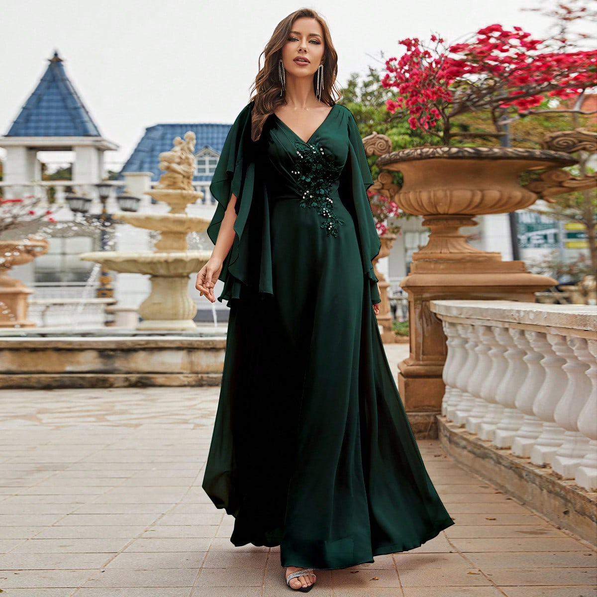 Pearls Detail Butterfly Sleeve Chiffon Bridesmaid Dress