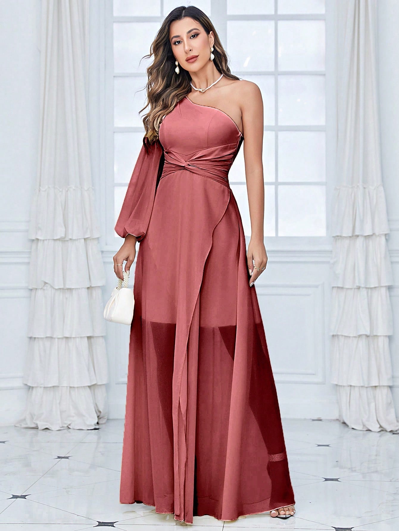 One Shoulder Lantern Sleeve Twist Front Split Thigh Chiffon Bridesmaid Dress