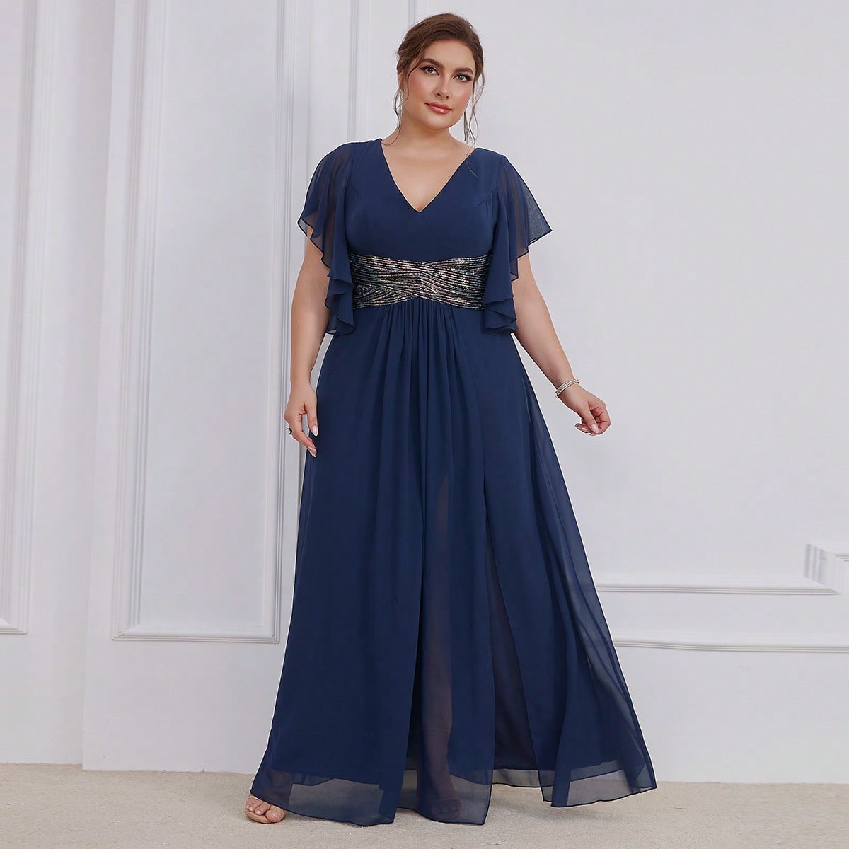 LUNE Plus Contrast Sequin Butterfly Sleeve Split Thigh Chiffon Bridesmaid Dress