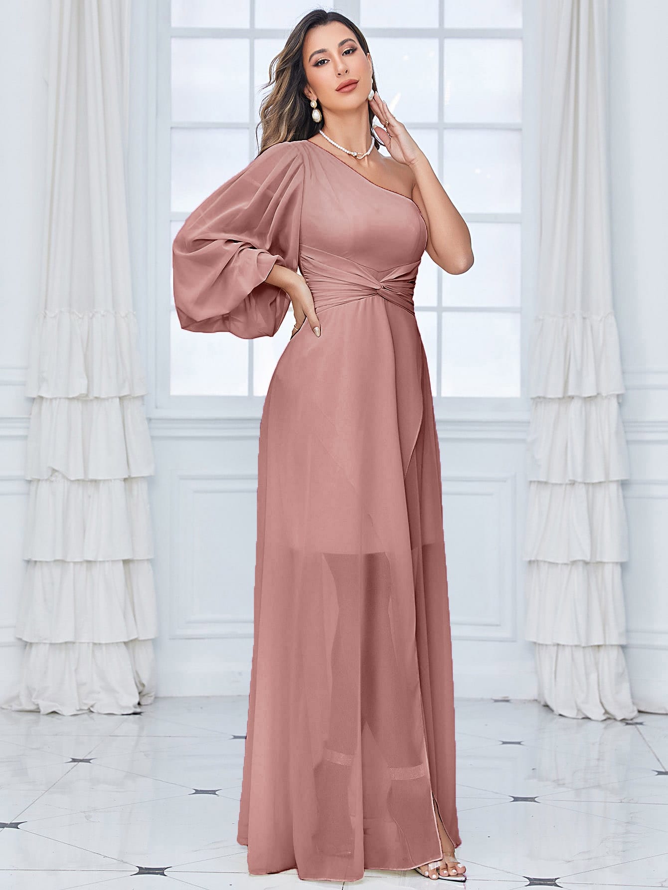 One Shoulder Lantern Sleeve Twist Front Split Thigh Chiffon Bridesmaid Dress