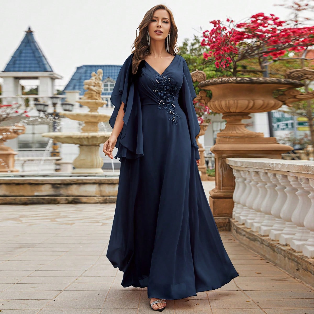 Pearls Detail Butterfly Sleeve Chiffon Bridesmaid Dress
