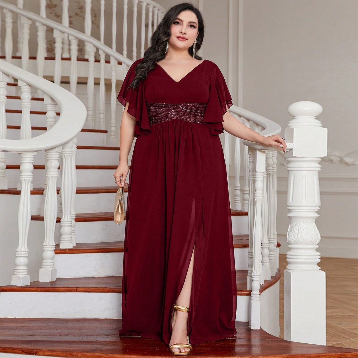 LUNE Plus Contrast Sequin Butterfly Sleeve Split Thigh Chiffon Bridesmaid Dress