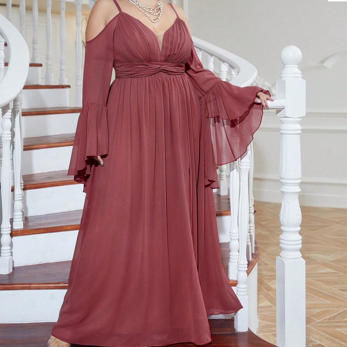 Plus Cold Shoulder Split Thigh Chiffon Dress
