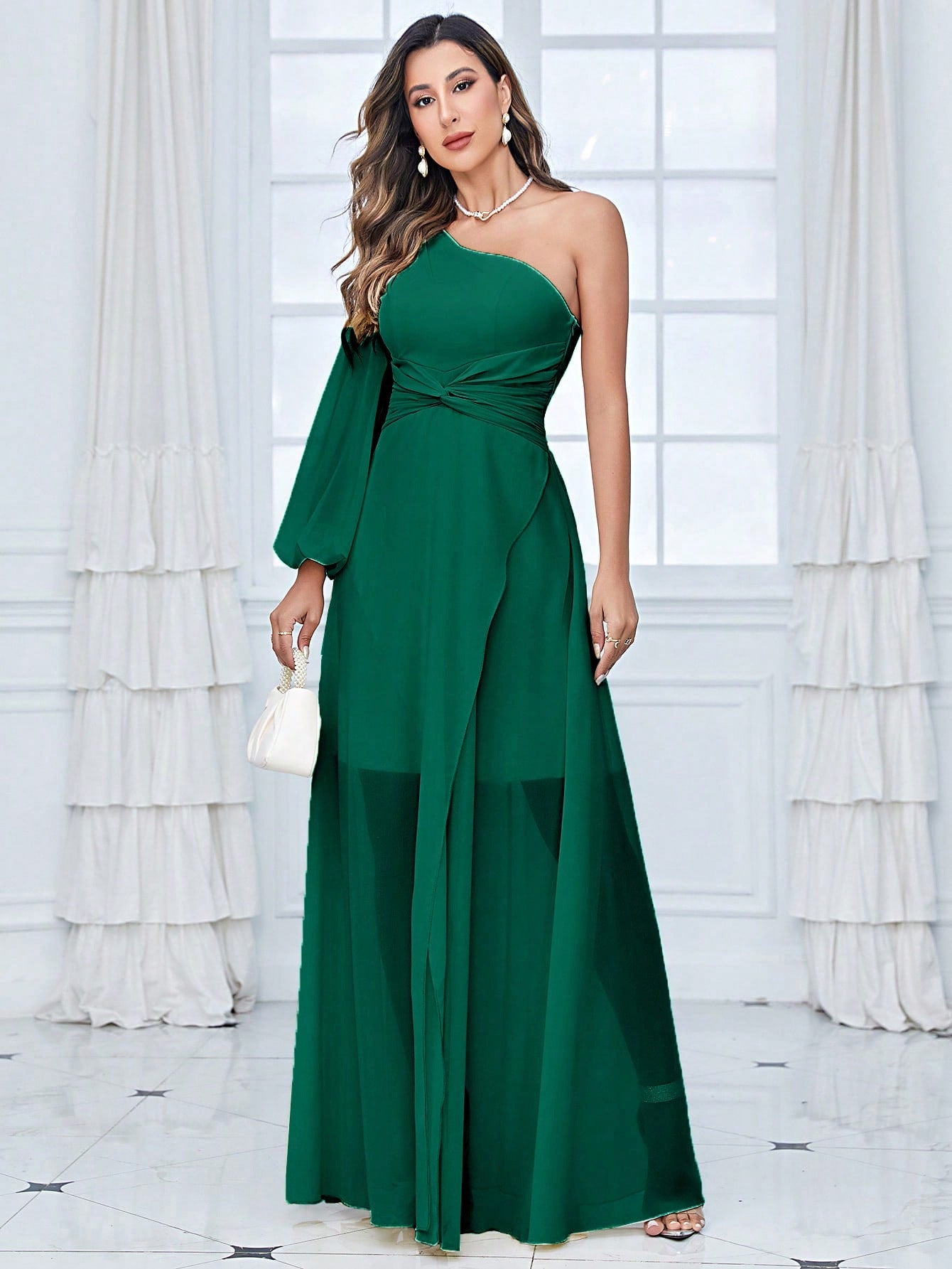 One Shoulder Lantern Sleeve Twist Front Split Thigh Chiffon Bridesmaid Dress