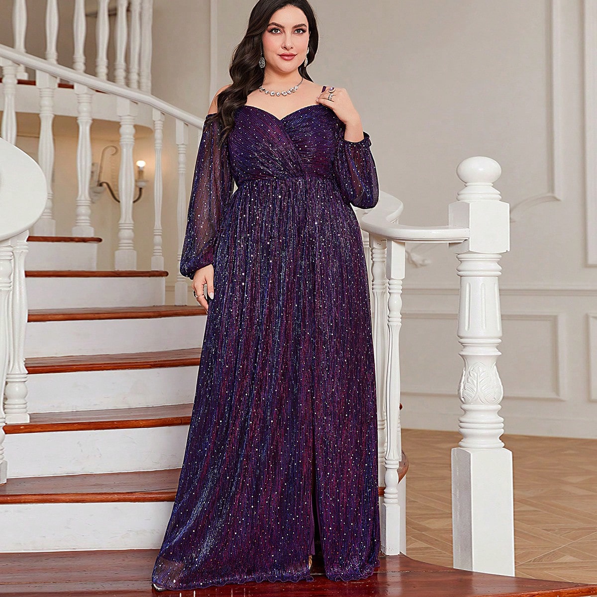Plus Cold Shoulder Lantern Sleeve Glitter Dress