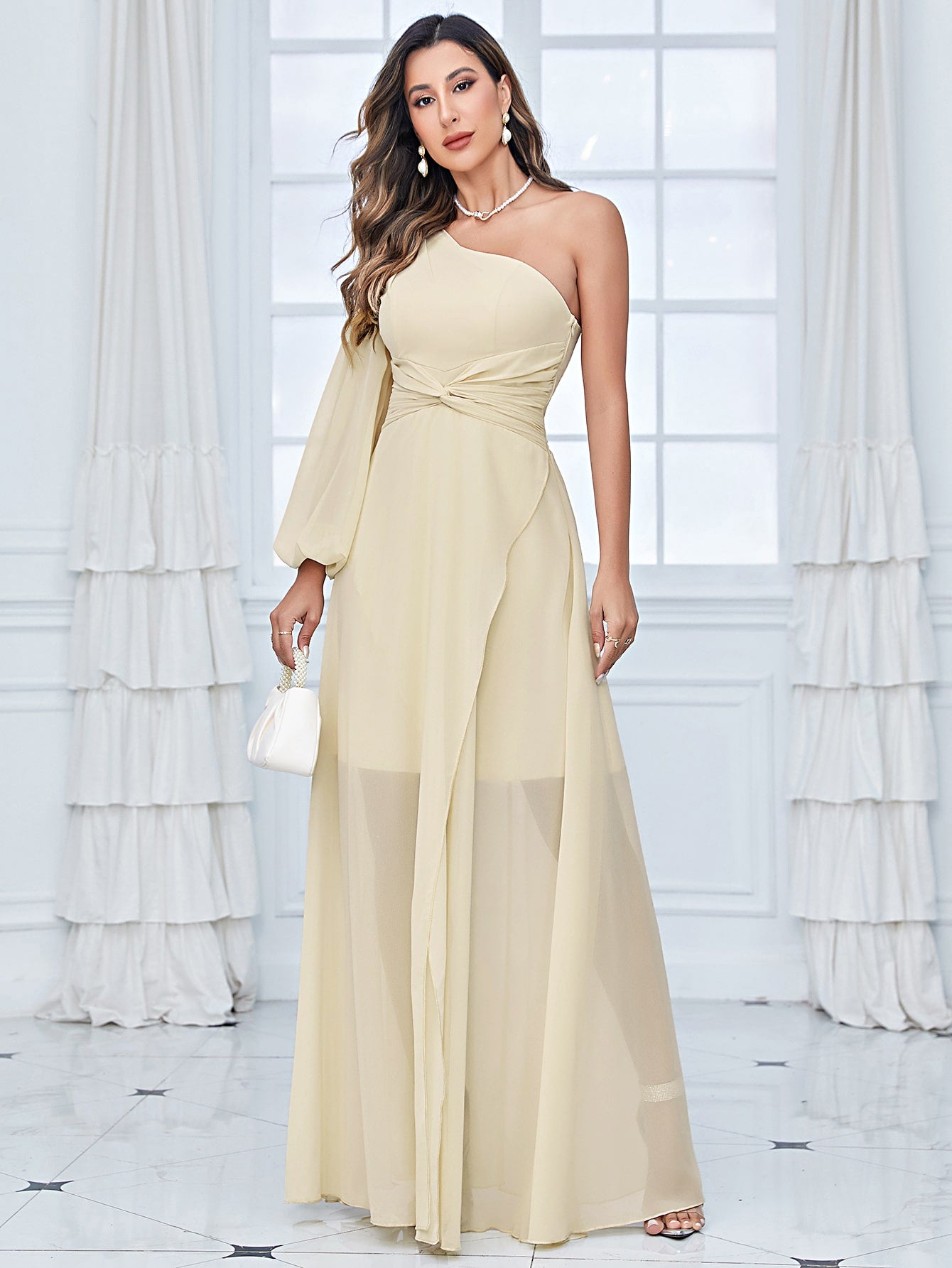 One Shoulder Lantern Sleeve Twist Front Split Thigh Chiffon Bridesmaid Dress
