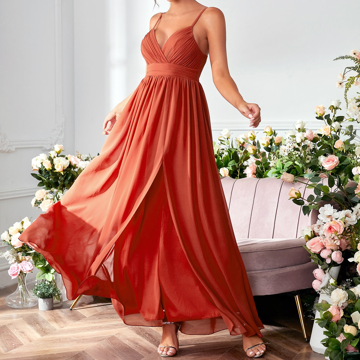 Ruched Split Thigh Chiffon Bridesmaid Dress